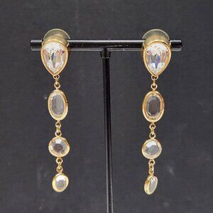 Vintage 90s Monet Dangle Drop Goldtone Crystal Pierced Earrings